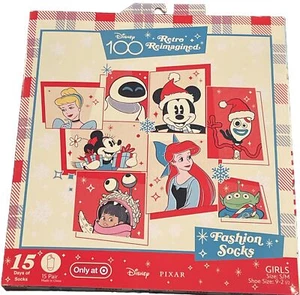 DISNEY 100 RETRO CHARACTERS 15 Days Fashion Socks GIRLS Shoe Sizes 9-2 1/2 NEW - Picture 1 of 4