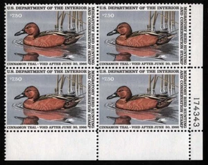 US SC RW52 mehrfarbig $ 7,50 1985 postfrisch og lr Platte Nr. 174343 4er Block - Bild 1 von 1