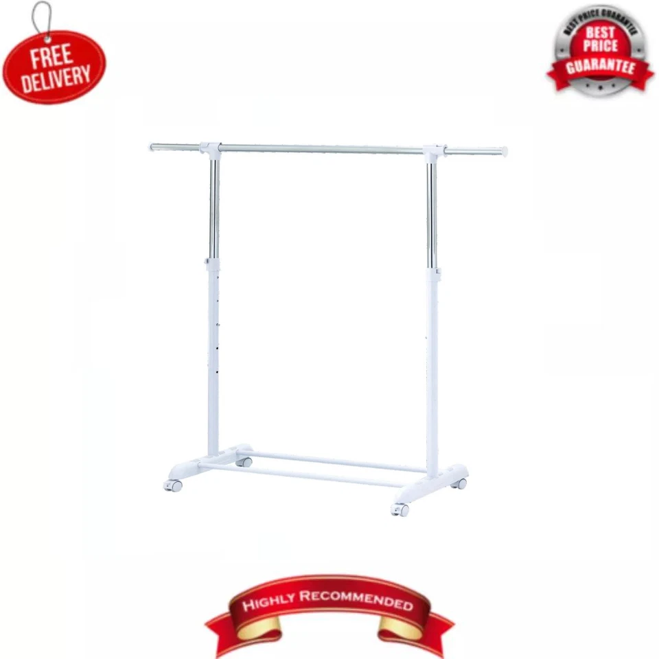 Mainstays MS5310011095501 Adjustable Rolling Garment Rack Metal Chrome White