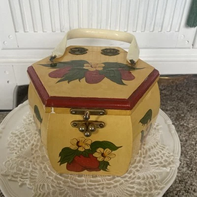  VTG DECOUPAGE WOODEN 6 SIDED STRAWBERRY  PURSE W/HANDLE - Image 1 of 4