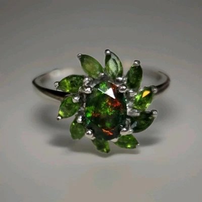 Anillo de plata de ley 925 con ópalo negro natural y diopsido cromado talla 8 1963 Foto 1 de 4