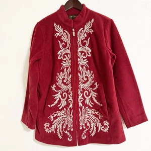 Bob Mackie Art to Wear Embroidered Fleece Jacket Dark Red Size XS - Picture 1 of 9