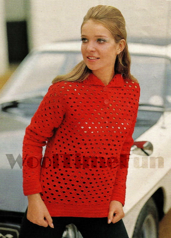 Crochet Pattern Ladies Vintage Sweater/Jumper. Long Sleeves/Collar. 34"-40" Bust - Image 1 of 1