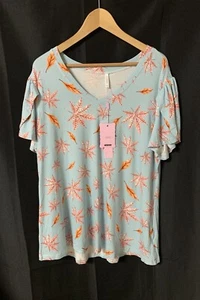 Cathy lässig & sportlich Viskose weich Blätterdruck Kurzarm Oberteil Shirt 3XL neu mit Etikett - Bild 1 von 12