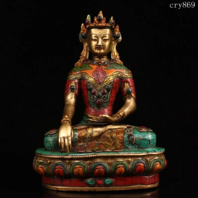 Colección Tíbet Templo Jokhang Antiguo Antiguo Incrustado con Gemas Estatua Sakyamuni Foto 1 de 4