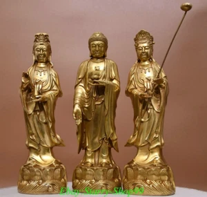 Old Tibet Buddhism Copper Gilt Lotus Western Shakyamuni Kwan-yin God Statue Set - Picture 1 of 9