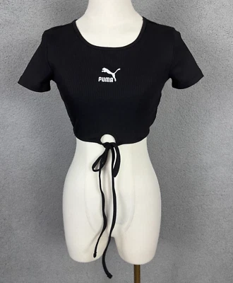 Puma Women's Classic Fit Ribbed Crop Top String Tie Bottom Hem XS Black NWOT's. - Image 1 of 4