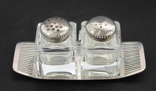 SWEDISH MID CENTURY .835 SILVER SALT & PEPPER SHAKERS & TRAY CRUET SET 1975