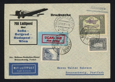 1931 Turkey Cover to Germany Rare Aviation Fund Airmail w 5k Blue Reg Beyoglou - Image 1 of 3