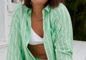 American Eagle Aerie grün weiß gestreiftes geknöpftes Hemd aus Leinenmischung Damen L - Bild 1 von 8