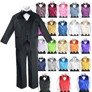 Baby Kid Teen Boys Formal Party 7pc Black Suits Tuxedo Color Satin Vest Tie S-20 - Picture 1 of 57