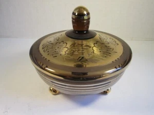 VTG Czech 3 Footed Glass Candy Dish w Lid Enamel Painted Amber 5 1/2 Tall - Picture 1 of 6