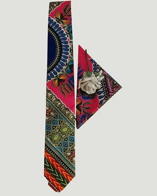 Conjunto de corbata y pañuelo con estampado floral africano rosa para hombre | Regalo de Navidad San Valentín Foto 1 de 4