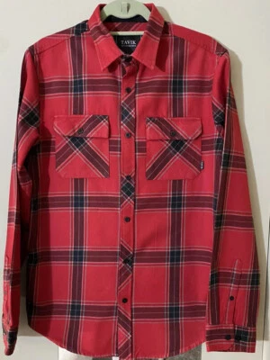TAVIK Small Brick Red Plaid Button Up Flannel Shirt SLIM FIT Modern Beach Wear - Image 1 of 4