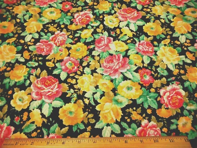 Chintz Fabric By Yard SALE Pink Yellow Floral Roses on Black Polished Cotton #PC - Image 1 of 2
