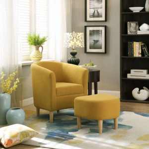 Modern Upholstered Accent Arm Chair Linen Fabric Single Sofa Chair with Ottoman - Picture 1 of 12