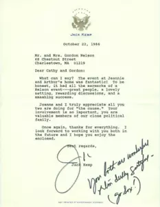 Kongressabgeordneter Jack Kemp handsignierter persönlicher Brief 22.10.1986 auf seinem Briefkopf - Bild 1 von 5