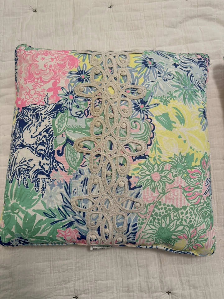 Lilly Pulitzer Indoor Outdoor Pillow Pink Blue Green Lace Striped Back 18” (B) - Image 1 of 4