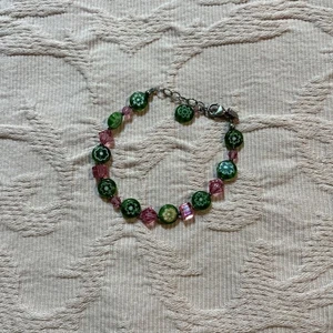 Glass Green And Pink Bracelet Sterling Closure 7.5” Adjustable Box 6 - Picture 1 of 4