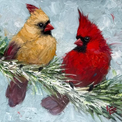 Cardinal birds Original Painting On Panel 8 X 8 Inches Bird Art Krista Eaton - Image 1 of 4
