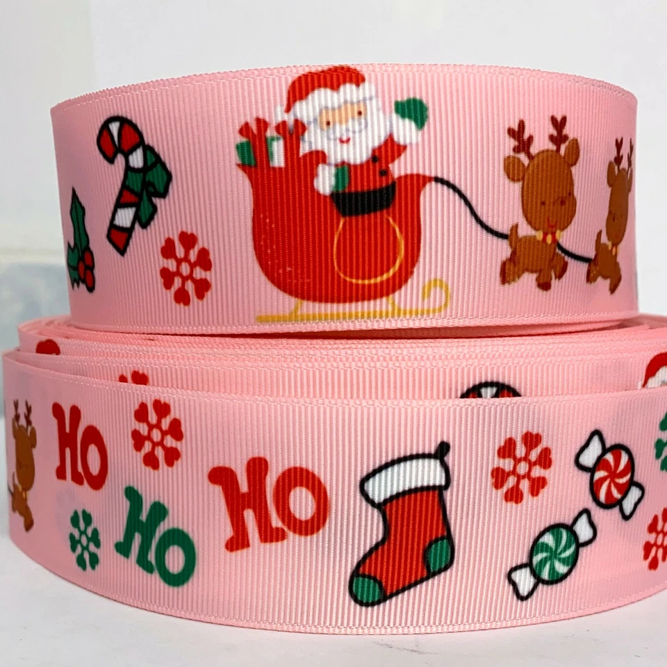 GROSGRAIN RIBBON 7/8", 1.5" Christmas Santa Claus Pink Party Printed Hairbows - Image 1 of 1