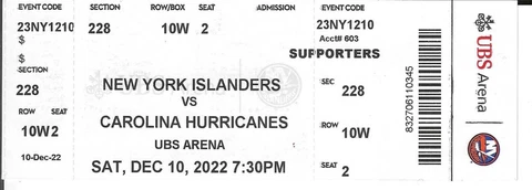 NEW YORK ISLANDERS CAROLINA HURRICANES DECEMBER 10,2022 NHL Game STUB Ticket Cover