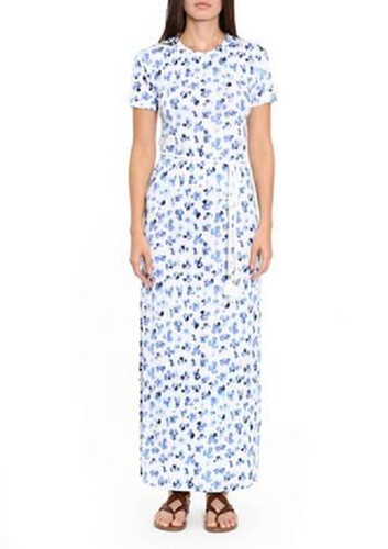 NUOVO ABITO MAXI CON CINTURA MICHAEL KORS BIANCO BLU FLOREALE COTONE TAGLIA XXL $98