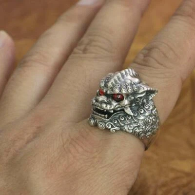 Red Eyes 925 Sterling Silver Chinese Style Lion Ring TA268A US 7~15 BZ - Image 1 of 4