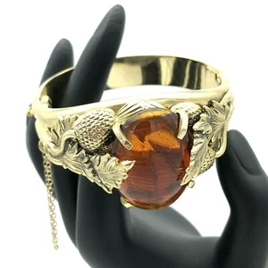 Whiting Davis Clamper Bracelet Faux Topaz Cabochon Foliate Gold Tone Vintage - Picture 1 of 12