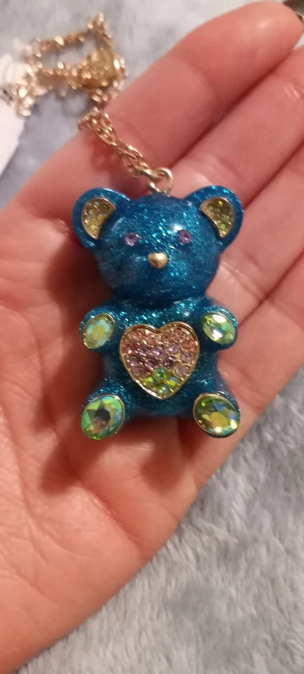 Betsey Johnson Blue Glitter Gummy Bear Long Pendant Necklace Ja10