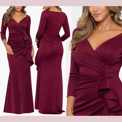 NUEVO CON ETIQUETAS $248 XSCAPE [12] Vestido con volantes de buceo acanalados cuello en V en rojo vino #S1355 Foto 1 de 4
