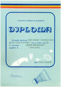 Rumänien, 1992, Rumänischer Badmintonverband Diplom - Bild 1 von 1