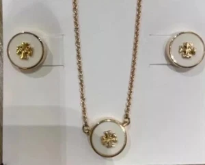 Tory Burch Double T Logo Simple Lady Jewelry Set Necklace + Earrings White Color - Picture 1 of 3