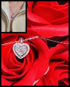 3 Carat Heart ~ Brilliant Cut Moissanite Halo Pendant 14K White Gold Plated Gift - Picture 1 of 5