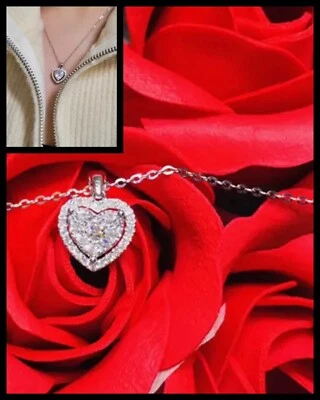 3 Carat Heart ~ Brilliant Cut Moissanite Halo Pendant 14K White Gold Plated Gift - Image 1 of 4
