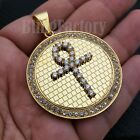 Iced Bust Down Stainless steel Gold Tone Egyptian Ankh Cross Medal Charm Pendant
