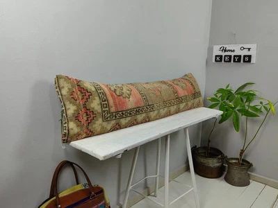 12x48 Kilim Lumbar Pillow, Vintage Rug Cushion, Turkish Wool Bolster Cover - Image 1 of 4