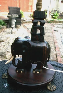 SUPERB ANTIQUE  EBONY( MACASSAR) HAND CARVED WOODEN ELEPHANT TABLE LAMP ON BASE - Picture 1 of 4