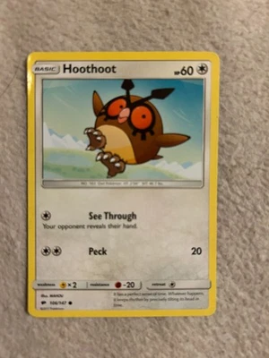 Pokemon Hoothoot Card See Through 106/214 Sun & Moon Lost Thunder NM 2018 TCG - Image 1 of 2