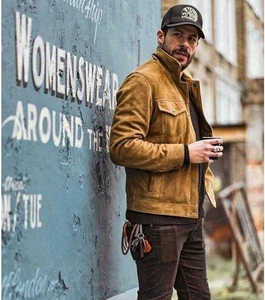 Men Suede Trucker Leather Jacket Biker Motorcycle Brown Leather Coat - Picture 1 of 6