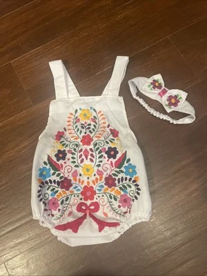 Mexican Embroidered Baby Romper Sz 1 With Head Band White - Image 1 of 4