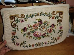 Vintage Needlepoint Floral bestickt Handtasche Gobelin dunkelgrün Kette - Bild 1 von 8