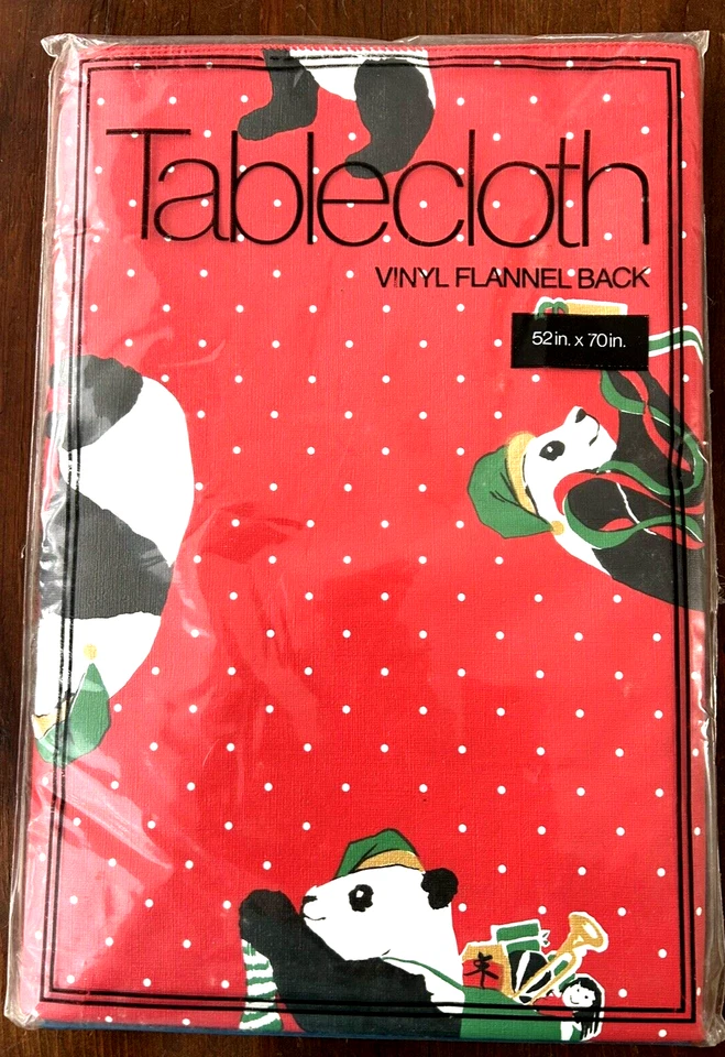 New Vinyl Tablecloth PANDA CLAUS Flannel Back NIP Christmas Santa Gifts 52 x 70 - Image 1 of 2