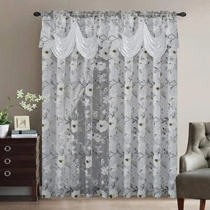 Solid White Floral Sheer 2 pc Window Curtains Set Panels Drapes Valance 84 in L - Picture 1 of 3