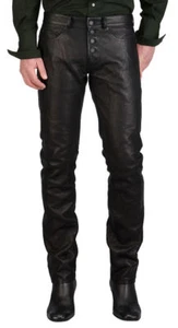 Men's Button Fly Black Biker Leather Jeans Pant Designer Trouser Motorcycle M56 - Picture 1 of 4
