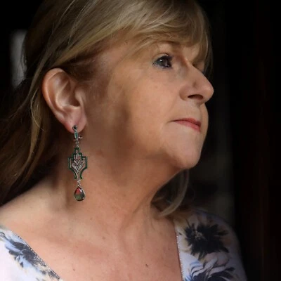 Silberne Clip-Ohrringe Lorbeer CZ Lange Tropfen Grün Rot Art Déco QD33 - Bild 1 von 4