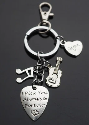 Guitar Pick Keychain w/ Clip "I Pick You Always & Forever" Mom Heart Charm Gift - Image 1 of 3