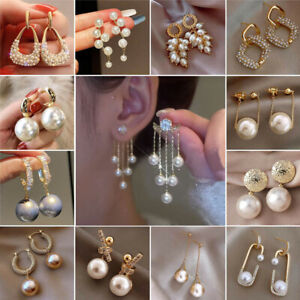 Wedding Bride Pearl Crystal Stud Earrings Drop Dangle Women Charm Jewelry 2022