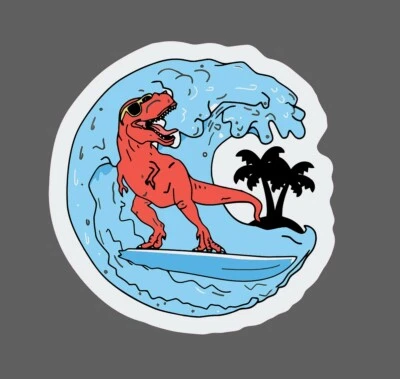 T-Rex Surfing Sticker Shredding Abstract Wave Ocean Beach Gift Waterproof NEW - Image 1 of 3