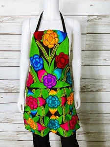 Mexican Womens Handmade Apron Green w/Multicolor Floral Embroidered Pocket - Bild 1 von 4